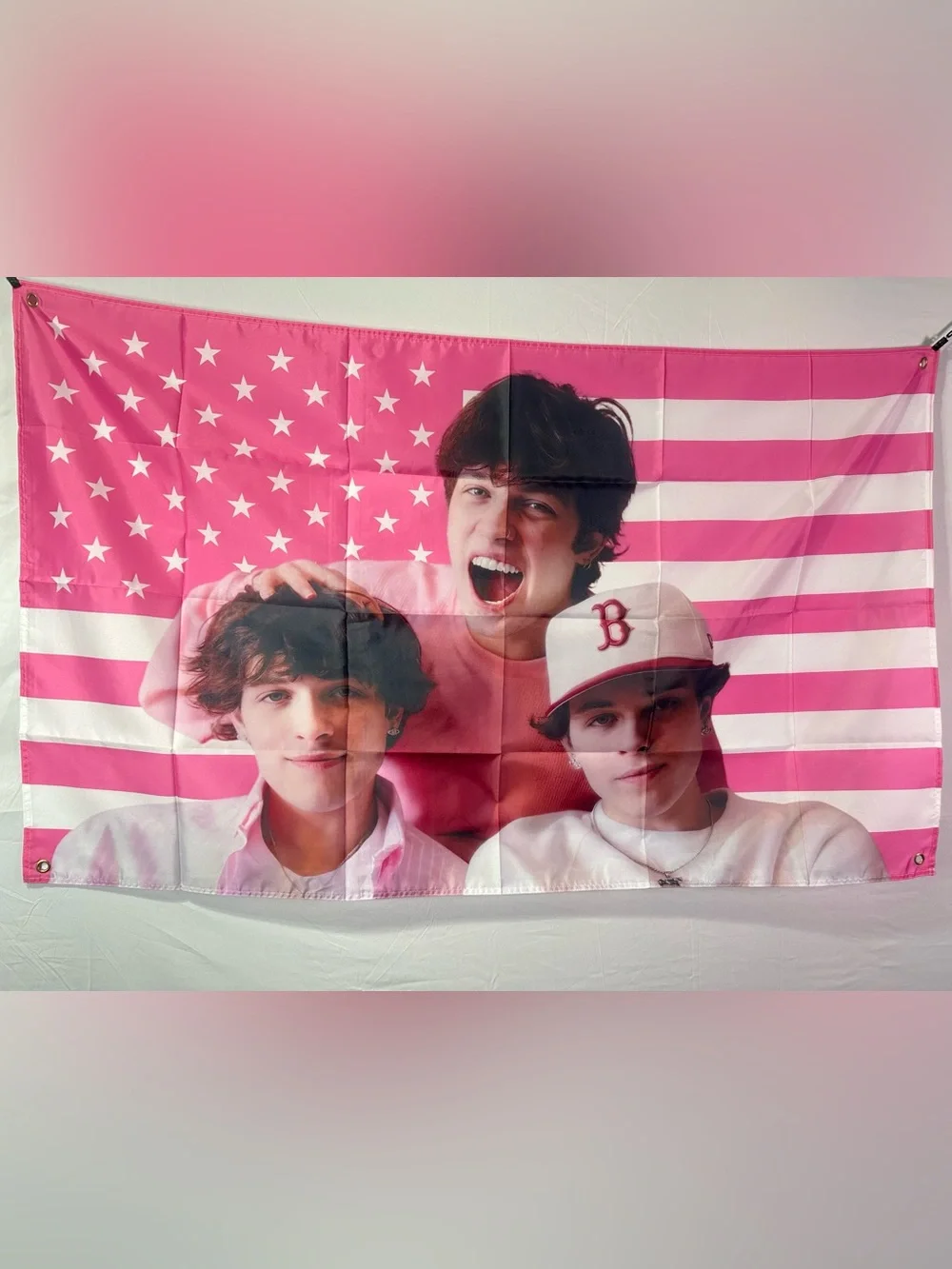 Sturniolo Triplets Pink & White American Banner Tapestry 5x3Ft. With 4 Grommets